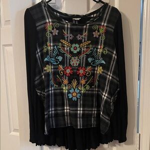 Ivy Jane Black Plaid Top with Colorful Embroidery